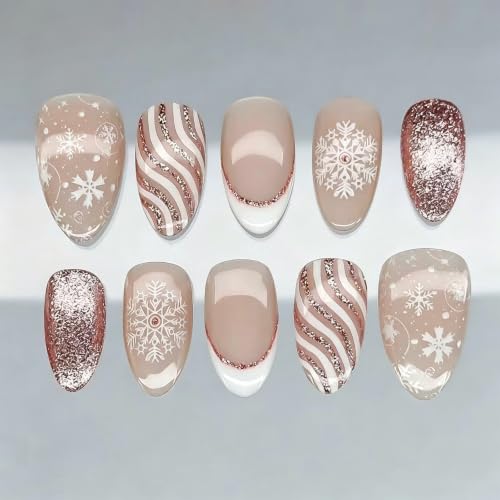 30Pcs Winter Christmas Press on Nails Short Almond Snowflake Fake Nails - color: Winter Christmas Nails-24