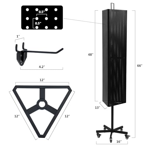 NectaCol Triangular Metal Pegboard Panels Display with Base and Pole, Black Pegboard Display Stand with Wheels, Jewelry Display Rack, Art Display Stand, Extra 20 pieces Hooks