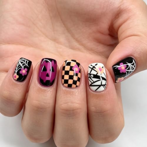24Pcs Orange Black Checkered Mummy Halloween Press on Nails Short Square Fake Nails Purple Halloween Full Cover Glossy Reusable Glue on Nails Pumpkin Flower Spider Web Stick on Nails for Women - color: Bandage Ghost Style