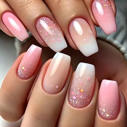 Coffin Press on Nails Short Fake Nails with Glitter Gradient Designs Pink Nails Press ons Cute Acrylic Nails Glossy Glue on Nails Daily Wear Simple False Nails Fall Stick on Nails for Women 24Pcs - color: Glitter Gradient Designs