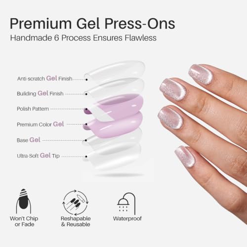 SHANGMENG Press on Nails, Square Short Nude Pink Glitter Cat Eye Fake Nails - color: Lunar Arc