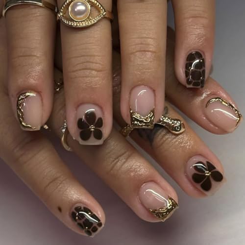 French Tip Press on Nails Short Square Fake Nails with Flower Glitter Designs Glossy Nails Press ons Brown Gold Glue on Nails Fall False Autumn Stick on Nails for Women 24Pcs - color: 3