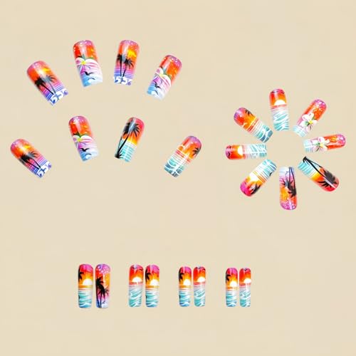 Beach Press on Nails Medium Length Fake Nails Summer False Nails Full Cover Hawaii Style with Glitter designs Acrylic Nails Gel Glue on Nails for Women Square Stick on Nails Decor 24pcs - color: style11
