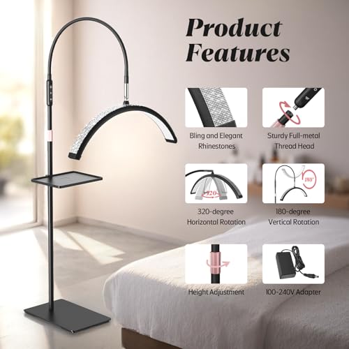 Mznoo Lash Light, 23IN Bling Diamond Half Moon Light with Tool Tray, Black - color: Black