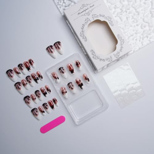 Halloween 3D Bloody Press on Nails Medium Almond French Tip 24Pcs - color: Halloween 3