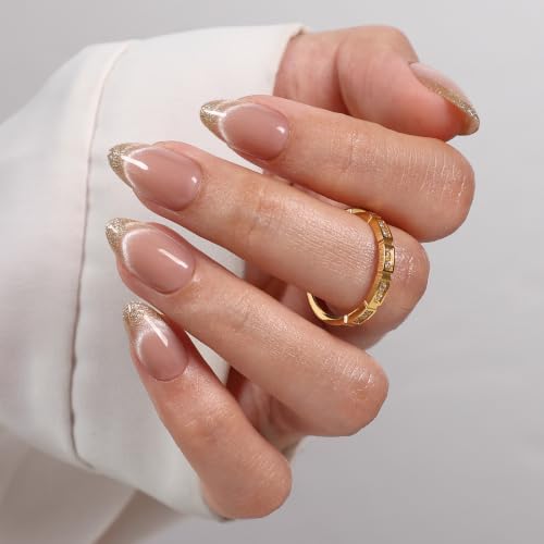SHANGMENG Press on Nails, Short Almond Glitter French Cat Eye Fake Nails - color: Smile & Shine