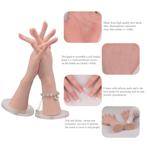 Silicone Realistic Female Hand Acrylic Nails Pratice Training For Nail Art Showing Jewelry Life Size Female Model Flexible Bendable (Pair Hand-Without Skeleton, Ivory) - color: Ivory, size: Pair Hand-Without Skeleton