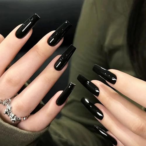 MISUD Press on Nails - Long Coffin Fake Nails with Goth Black, Acrylic Gothic Design 24 pcs - color: 019A05-12Black