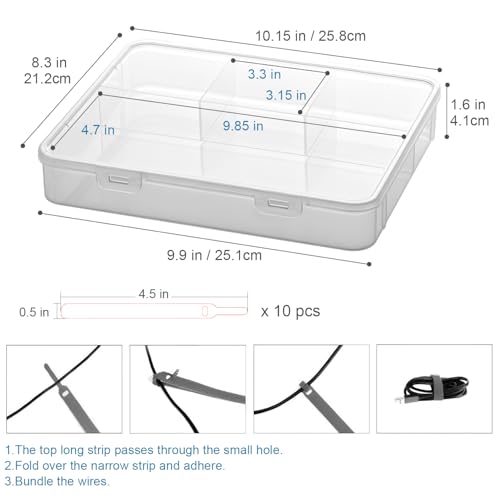 Vidifor 2-Pack Clear Cable Organizer Box with 16 Cable Ties, 4 Compartments Organizer Container for Crafts, Beads, Earrings, Screws, Nail, Pins (2, Large) - size: Large