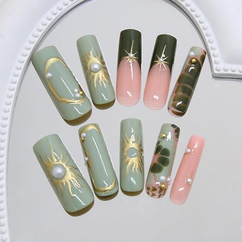 MISUD Press on Nails - Long Square Fake Nails with Green, Acrylic Gold Chrome Sun Star Design 24 pcs - color: 07814-09Green