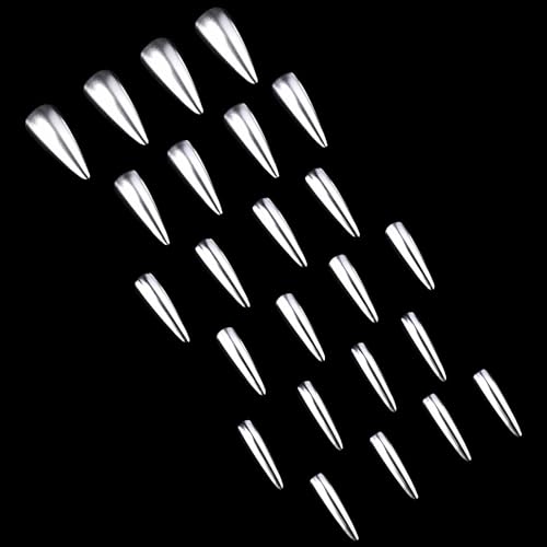 MISUD Press on Nails - Long Stiletto Glue on Nails with Silver Chrome, Acrylic Metallic Design 24 pcs - color: 06104Silver