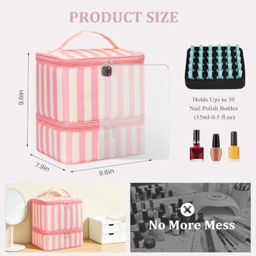 Striped Nail Polish Organizer Bag Nail Supplies Organizer Holds 30 Bottles Nail 2 Layers Nail Kit Storage Case - color: Beige and Pink