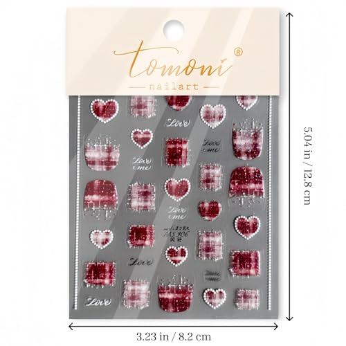 Love Letter Nail Stickers 5D Embossed – Premium Salon-Quality Self-Adhesive Nail Wraps, Tweed Warm Wine Red & Gold Sparkle Heart Designs, Easy Application for DIY Manicure, Press On, Home or Salon Use - color: Love Letter