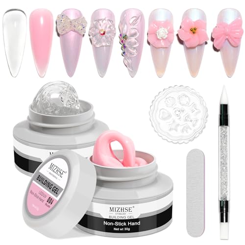 MIZHSE Non-Sticky Solid Builder Gel For Nails, 30g Clear and Pink Sculpting Building Carving Modeling Hard Gel for Nail Strengthen Nail Extension 3D Nail Art for Soak Off Manicure Kit DIY Home Gift - color: 30g Clear+Pink