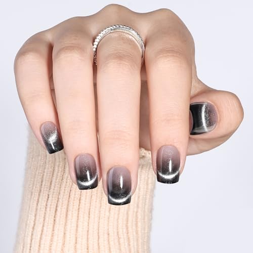 Black Ombre Cat Eye Press On Nails, Short Square Reusable Nails - color: I2-Smoked Eclipse