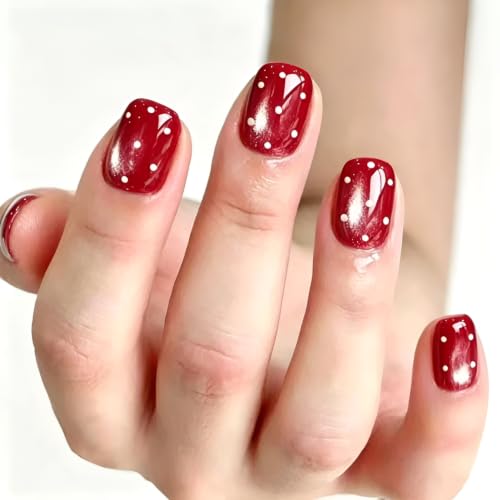 Short Square Press on Nails Polka Dot Fake Nails Red Nails Press Ons - color: Red