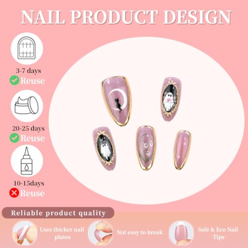 30Pcs Halloween Press on Nails Almond Medium Fake Nails Magic Mirror Ghost False Nails Cute Little Ghost Full Cover Glossy Artificial Acrylic Fingernails Skull Stick on Nails for Women Nail Art DIY - color: Ghost Moon Cat Style