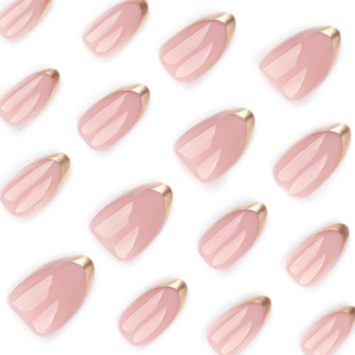 Mivota Almond Press On Nail Short, Pink Fake Nails with Elegantly Crafted Gold French Tips, Glossy Gel Finish, Thick Natural Reusable Glue On Nails Kit for Women 24Pcs, Golden Chic - color: 06-Fashionable Phnom Penh