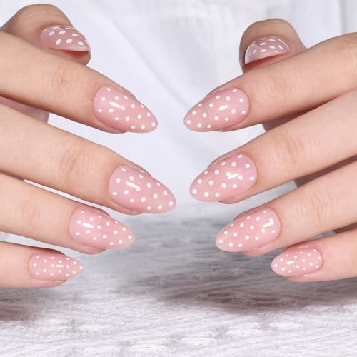 Polka Dot Press On Nails Almond - Pink Nails Short Fake Nails - color: 3B - Blush Dots