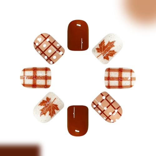 Fall Brown Press On Nails Short Square Fake Nails Maple Leave - color: design-12