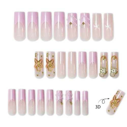 Long Square Press on Nails 3D Flower Fake Nail 24Pcs - color: 38