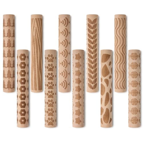 Amrules 10 Pcs Wooden Texture Rollers for Polymer Clay Pottery,Light Yellow - color: Lightyellow-Roller-10Pcs
