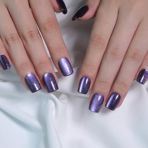 Dark Amethyst Purple Cat Eye Press On Nails Short – Square Fake Nails with Color-Shifting Glow, Glossy Gel Acrylic Nails 15 Sizes, 30 Nails, Thick Reusable Glue On Nails for Daily Wear & Gifts - color: M13-Amethyst-Purple