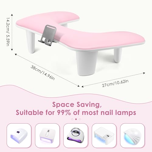 LIONVISON Arm Rest for Nails Tech: U Shaped Ergonomic Nail Hand Rest Stand PU Leather with Rotating Phone Holder for Nail Salon Manicurist (Pink) - color: Pink with Phone Holder
