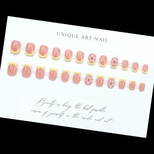 French Tip Press on Nails Short Square Flower Water Ripple Design - color: Yellow Pink