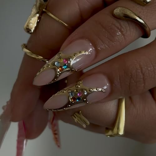Summer Press On Nails Medium Almond Fake Nails With 3D Flower Rhinestone Design Acrylic False Nails French Leopard Print Nail Press Ons Orange Glossy Glue On Nails For Women - color: Design-24