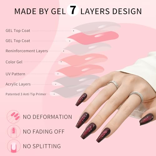 Cat Eyes Press On Nails,12 Sizes - 24 Pcs Soft Gel Dark Purple Red Medium Coffin Fake Nails Kit with Nail Glue, Natural Reusable Stick On False Nails for Women and Girls (Skycloud Nails) SK0822 - color: 822-Dark Purple Red