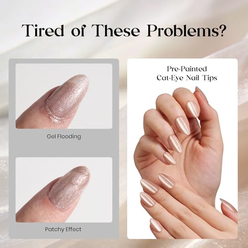 Beetles Cat Eye Press on Nails, 160Pcs Short Almond Nail Tips Motion Glow - color: 9-Champagne Gold CatEye-S