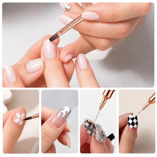 5PCS Nail Art Brushes Set, Rose Gold Gel Nail Brushes with Flat Builder Brush, Angled French Tip Brush, Detail Liner Brushes, Professional Manicure Tools for Gel Polish Application - color: Rose Gold