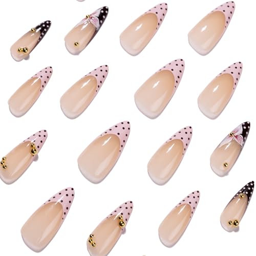 Spring Summer French Press On Nails Medium Almond Fake Nails Flower False Nails With French Polka Dot Desigh Floral Reusable Glossy Stick On Nails Full Cover Glue On Nails For Women Manicure 24Pcs - color: Design-14
