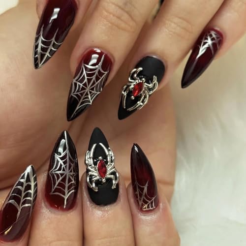 MISUD Press on Nails - Medium Stiletto Glue on Nails with Goth Red Black, Acrylic Spider Web Vampire Design 24 pcs - color: 11213Red&Black