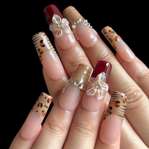 Handmade Press On Nails, 10 Pcs Long square Reusable Stick Ons for Women, French 6D Acrylic Fake Nails(L) - color: Golden Bow, size: L