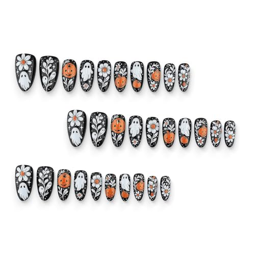 24Pcs Halloween Press On Nails Medium Almond With Ghost Pumpkin Fake Nails - color: Halloween nails-14