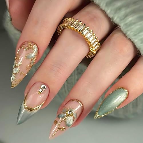 RUOKEXIN Long Almond Press on Nails French Tip Fake Nails Green False Nails with 3D Gold Flower Designs Stiletto Nail Press ons Sparkly Artificial Nails for Women 30Pcs - color: Almond Style 11-17