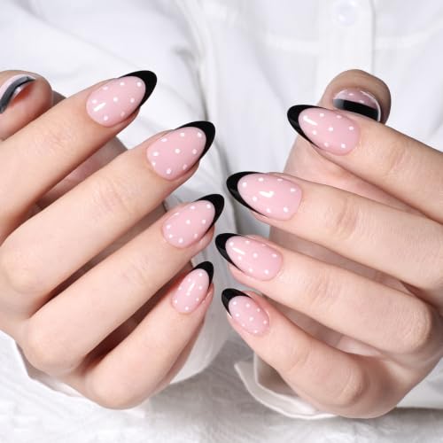 Polka Dot Press On Nails - Black French Tip Almond Fake Nails - color: 3C - Black French Dot