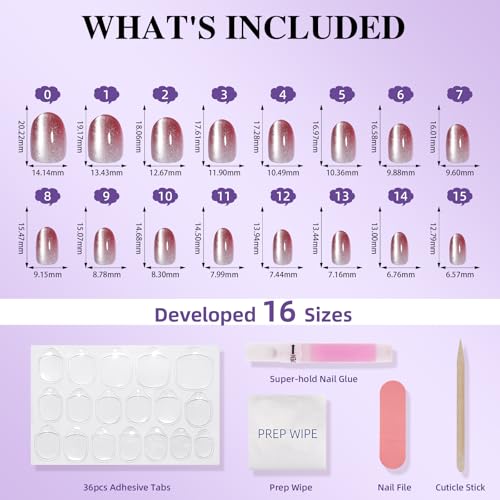 Light Berry Pink Cat Eye Press On Nails, Short Oval Reusable Nails - color: F3-Rose Glow