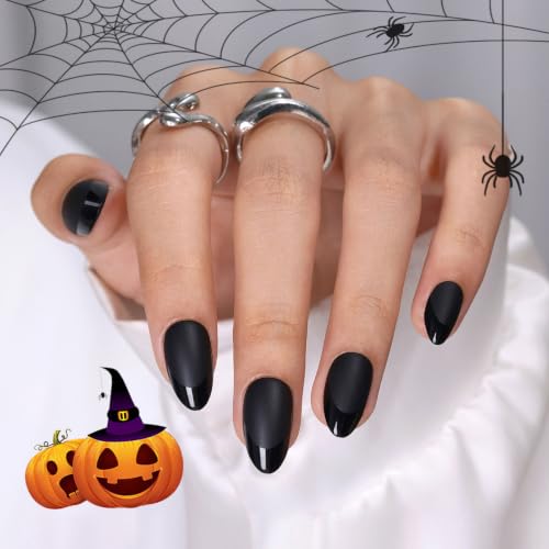 SHANGMENG Halloween Press on Nails, Almond Short Matte Black French Nails - color: Matte Black