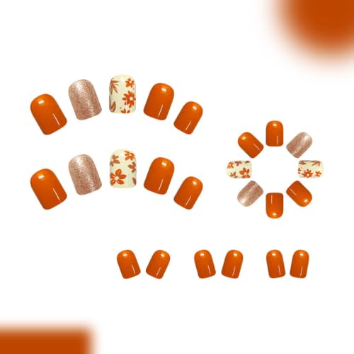 Fall Press on Nails Square, Flower Maple Leaf Design, Short, Glitter 24Pcs - color: Style-25