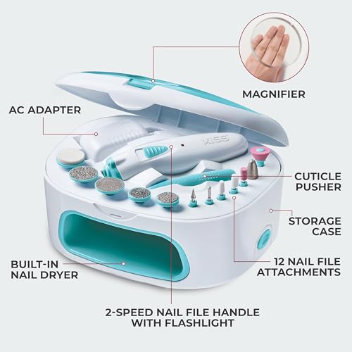 Kiss Professional, Electric Nail Drill/Electric Nail File & Nail Dryer System, Includes 12 attachments, Cuticle Pusher, A/C Adapter, Storage case - size: 15 Piece Set