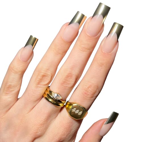 PaintLab Gold Chrome French Tip Press On Nails, Long Square, 30pcs Nail Kit - color: 24K Tips