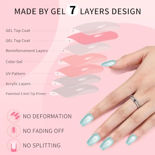 Blue Cat Eyes Press On Nails,12 Size - 24 Pcs Soft Gel Blue Catseye Medium Coffin Fake Nails Kit with Nail Glue, Natural Reusable Stick On False Manicure for Women Girls (Skycloud Nail) SK0718 - color: SK0718-Sky Blue