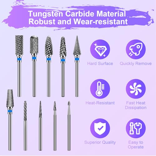 Diesisa 10Pcs Nail Drill Bits Set:Tungsten Carbide Nail Bits for Nail Drill - color: Medium-drill Bits