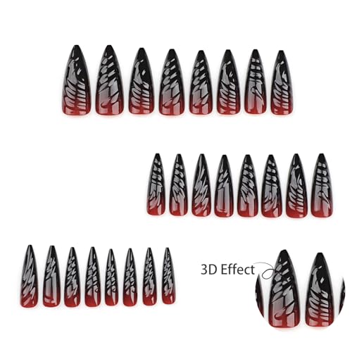 24 Pcs Halloween Press on Nails Long Stiletto Fake Nails Red Black Gradient False Nails with 3D Design Goth Acrylic Nails Press ons Halloween Glue on Nails Full Cover Reusable Stick on Nails for Women - color: Style 7