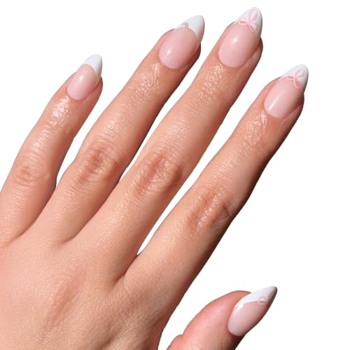 PaintLab Belle Bows 3D Pearl French Tip Press On Nails, Short Almond, 30pc - color: Belle Bows