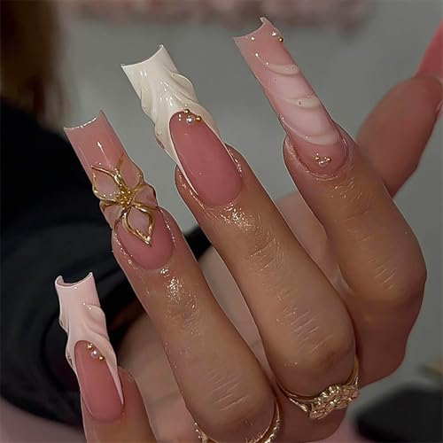 RUOKEXIN Long Square Press on Nails French Tip Fake Nails Pink Ombre False Nails with 3D Designs Sparkly Artificial Nails Acrylic Glue on Nails Press ons Cute Stick on Nails for Women 24Pcs - color: Long Style-C7C29