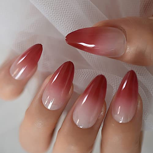 Coolnail Red Ombre Press on Nails Gradient UV Finish Design Medium Long Almond Shape False Fake Nail Pointed Reusable Nail Kit for Women - color: L5971